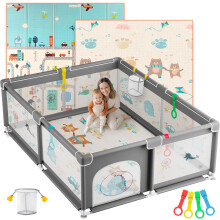 JUPPLIES Parque Infantil para Bebé, 150x180cm, com Tapete, Agarradores e Cesto, Cor Cinzento