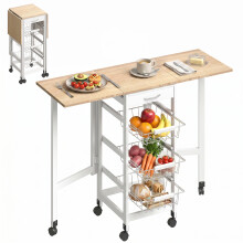 Homcom keukenwagen, 97,2x37x77,5 cm, wit en eikenhout, 6 wielen, 1 lade en 3 metalen manden