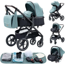 GLOKID Carrinho de Bebé 3 em 1, Conjunto de 3 Peças, Dobrável, Verde, com Capota Impermeável e Mosquiteiro