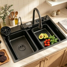 DSMRLEOP, Cuba de Cozinha em Aço Inoxidável, Multifuncional, Preto, com Sifão e Escoamento