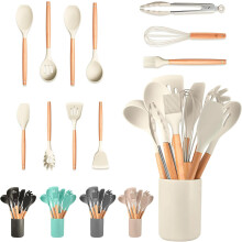 JUPPLIES conjunto de 12 utensílios de cozinha em silicone com pés de madeira e suporte organizador, bege