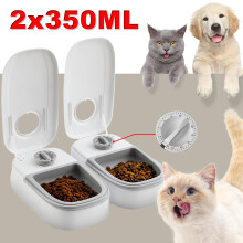 Distributeur automatique de nourriture pour animaux, vertical Ă minuterie, 4 plateaux de 350 ml, Gris et Blanc, ABS