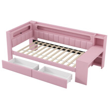 ONBUY dagbed, 90x200 cm, Rose, met bureau, 2 lades, USB-poorten en LED-verlichting