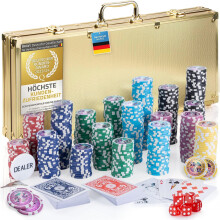 GOODS+GADGETS Maleta de Poker com 500 Fichas, 2 Baralhos, 5 Dados e Botão de Crupiê, Estojo de Alumínio com Fechadura