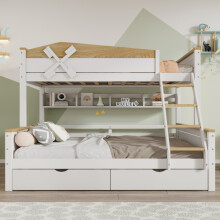 Stapelbed met windmolen, 90x200cm & 140x200cm, wit + naturel, grenen en MDF, met ladder en 2 lades