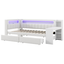 ONBUY dagbed, 90x200 cm, wit, met bureau, 2 lades, USB-poorten en LED-verlichting