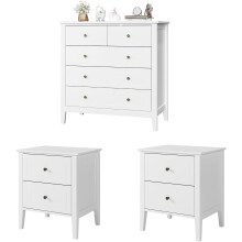 FOREHILL conjunto de 3 peças de móveis de quarto, cómoda de 5 gavetas e 2 mesas de cabeceira, branco