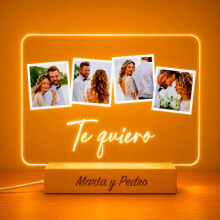 Lâmpada personalizada com 4 fotos e mensagem, placa de metacrilato transparente, base de madeira com luz LED USB