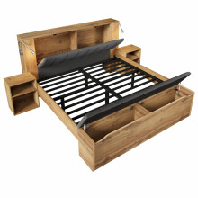 ONBUY tweepersoonsbed, eikenhout, 160x200 cm, met opklapbaar hoofdeinde, linnen, twee nachtkastjes, leeslampen met USB en slaapbank
