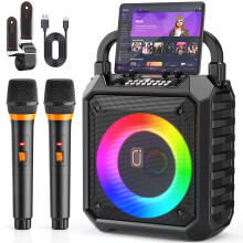 FanFun karaokemachine, set van 2 draadloze microfoons, Bluetooth-luidspreker met LED-verlichting, draagbaar systeem voor thuis