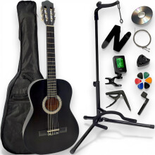 AMROVA guitarra clássica 4/4 para canhotos, preto, com suporte de pé, capa de transporte e 9 acessórios