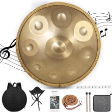 Handpan de aço em Re menor, 22 polegadas, 9 notas 440 Hz, dourado, com baquetas, suporte e mochila para yoga e meditação