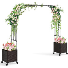 HOMASIS Arco de Jardim 2 em 1 com Maceteiros, 288x40x202 cm, Preto e Castanho, com Rodas e Sistema de Autorriego para Exterior