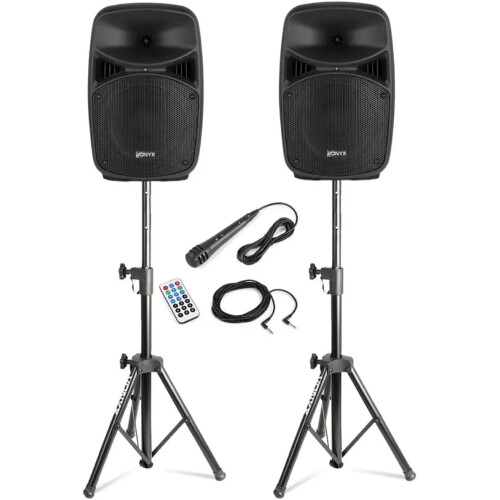 Vonyx VPS082A, Altifalante Ativo Bluetooth, 400W, 2 Altifalantes de 8 Polegadas, Preto, Com Suportes e Microfone