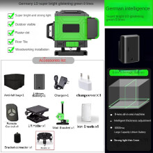 Laserwaterpas 4D, 16 lijnen, 3 graden, zelfnivellerend, inclusief statief, groene vloerlaser