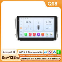 QS8 autoradio, 10,1 inch scherm, Android 14, 8GB RAM, 128GB geheugen, draadloze CarPlay en Android Auto, 360 camera
