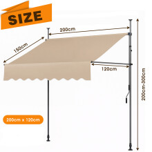 Terrasluifel, 200 x 120 cm, khaki, opvouwbaar met handmatige kruk, waterdicht met UV50+ bescherming voor tuin en terras
