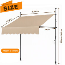 Terrasluifel, 300 x 120 cm, khaki, opvouwbaar met handmatige kruk, waterdicht en UV50+ bescherming voor tuin en terras