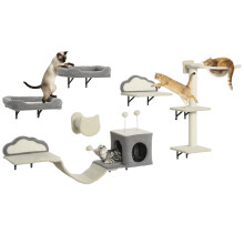 PawHut wandkattenrekken set van 6, beige, met acrylcapsule en sisal krabpaal voor binnen