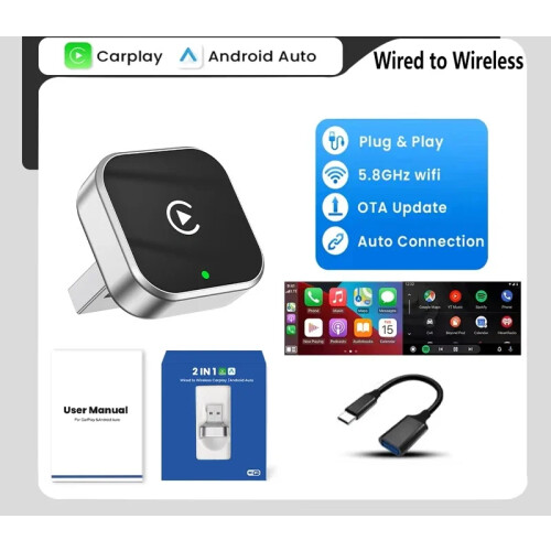 CarPlay draadloze adapter, 64MB RAM, 128MB Flash, Bluetooth 5.0, voor iPhone en Android