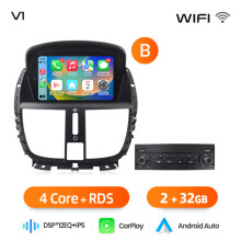 Junsun autoradio, 7 inch IPS touchscreen, 2GB RAM + 32GB opslag, draadloos Apple CarPlay en Android Auto voor Peugeot 207