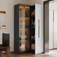 Vitrinekast, 70x40x160 cm, zwart, met glazen deuren, zijladen en LED-verlichting