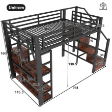 Hoogslaperbed, wit, 140 x 200 cm, staal en MDF, met trap, leuningen, LED-verlichting en opbergruimte