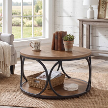 Tribesigns Round Coffee Table with Storage, 80cm 2-Tier Table for Living Room, Open Shelf Coffee Table with Black Metal Frame