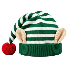 (C) Knitted Striped Elf Hat with Ears and Pom Pom,Christmas Party Costume Hat for Adults Kids
