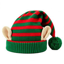 (A) Knitted Striped Elf Hat with Ears and Pom Pom,Christmas Party Costume Hat for Adults Kids