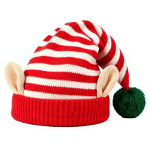 (B) Knitted Striped Elf Hat with Ears and Pom Pom,Christmas Party Costume Hat for Adults Kids