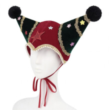 (C) Velvet Christmas Jester Clown Hat,Trim Pom Poms Adjustable Tie, Xmas Party Cosplay Headwear