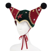 (B) Velvet Christmas Jester Clown Hat,Trim Pom Poms Adjustable Tie, Xmas Party Cosplay Headwear