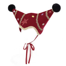 (A) Velvet Christmas Jester Clown Hat,Trim Pom Poms Adjustable Tie, Xmas Party Cosplay Headwear