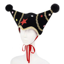 (D) Velvet Christmas Jester Clown Hat,Trim Pom Poms Adjustable Tie, Xmas Party Cosplay Headwear