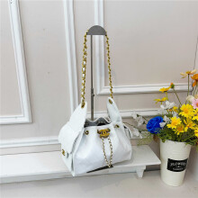 (White) Women's rhombus drawstring bucket bag, vintage leather chain shoulder strap