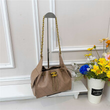 (Khaki) Women's rhombus drawstring bucket bag, vintage leather chain shoulder strap