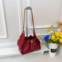 (Red) Women's rhombus drawstring bucket bag, vintage leather chain shoulder strap