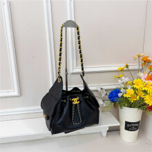(Black) Women's rhombus drawstring bucket bag, vintage leather chain shoulder strap