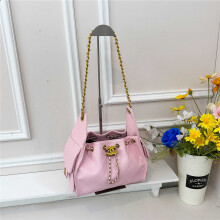 (Pink) Women's rhombus drawstring bucket bag, vintage leather chain shoulder strap