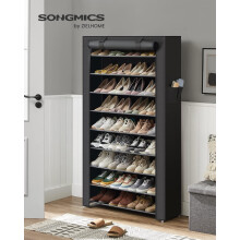 SONGMICS schoenenkast, 10 niveaus, 28x85x162 cm, zwart, metalen frame met stofhoes