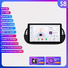 Hizpo autoradio, 9 inch, zwart, 8GB RAM + 128GB opslag, Android 13, GPS navigatie, draadloos CarPlay en Android Auto voor Fiat 500