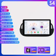 Hizpo Autoradio, 9 inch, S4 (4GB 32GB) zwart, Android 13, draadloze CarPlay, GPS navigatie voor Fiat 500 2007-2014
