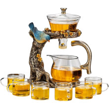 (C) Glass Teapot Set Animal Bird Design Semi-Automatic Drip Rotating Bowl with Infuser Lazy Kungfu Tea Pot Set
