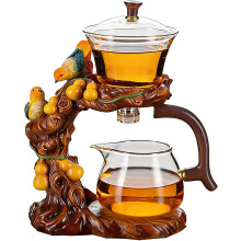 (B) Glass Teapot Set Animal Bird Design Semi-Automatic Drip Rotating Bowl with Infuser Lazy Kungfu Tea Pot Set