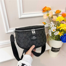 (Black) Retro printed semicircle waist bag for men and women, shoulder strap chest bag
