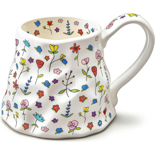 (White) 20oz Large Coffee Mug, Cute Floral Ceramic Mug with Big Handle