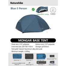 Naturehike Mongar 2 UL/PRO/Base Zelt, 1-3 Personen, Wasserdicht, Ultraleicht, Blau