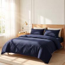 (Navy Blue, Single: 137 x 200 cm) Plain Duvet Quilt Cover Bedding Set & Pillowcases