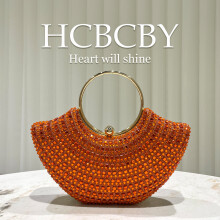 (Orange) Dark Green Shiny Rhinestone Ring Handbag, Elegant Women Evening Bridal Clutch Purse